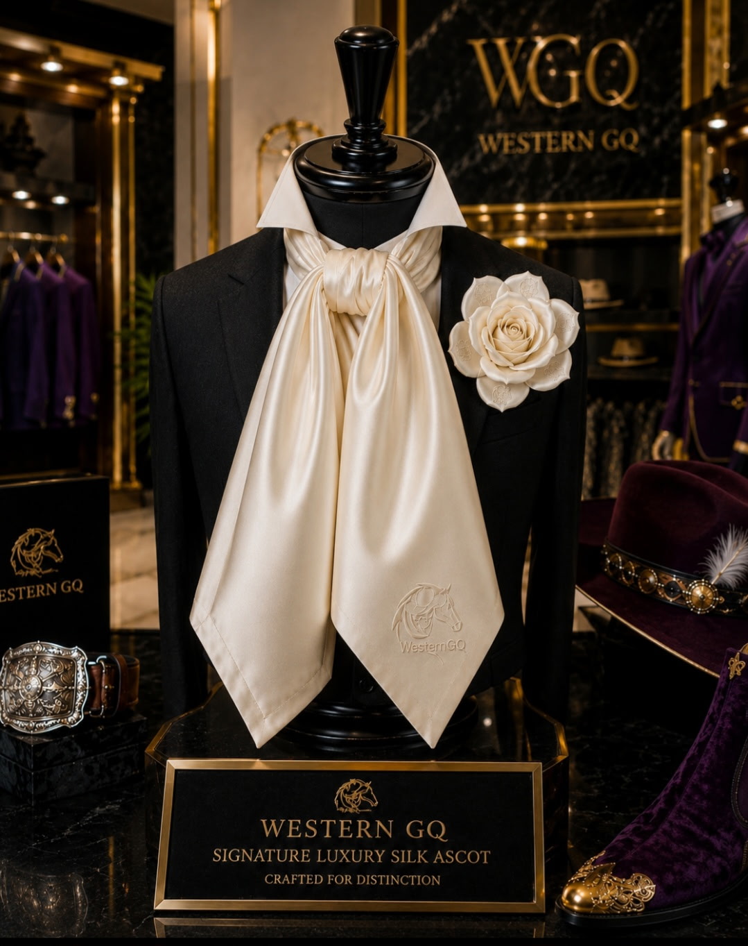 Western GQ signature luxury cream silk ascot on a black tuxedo, displayed on a mannequin in the Western GQ flagship boutique with a WGQ brass nameplate
